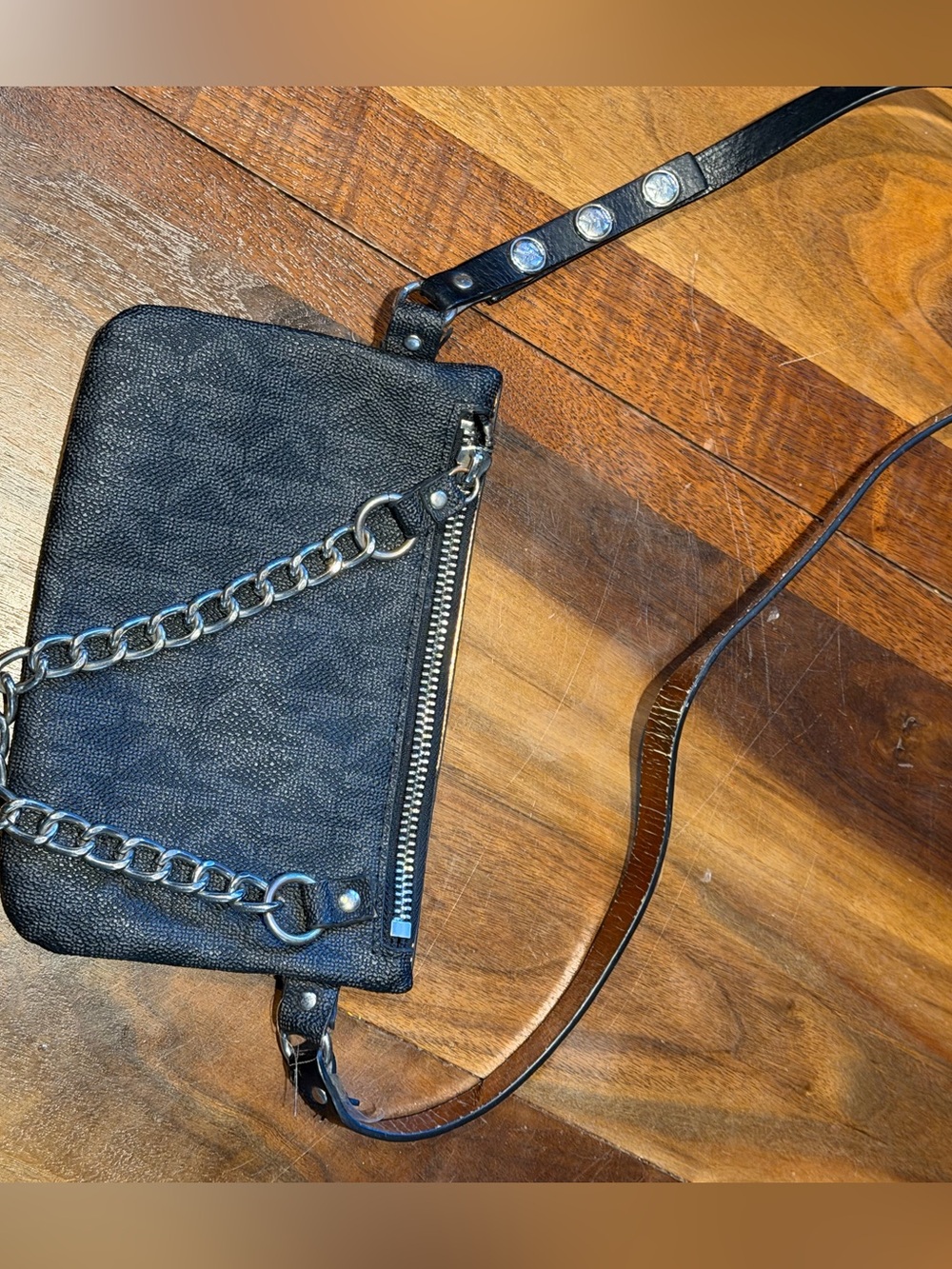Michael Kors Black Leather Crossbody with Silver Chain Trim